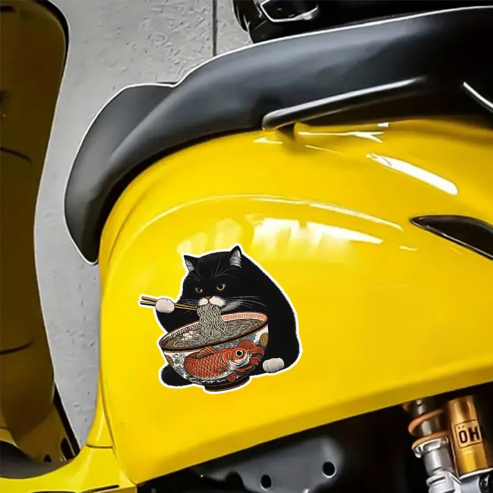 2 шт. 13x12см Черный кот ест рамен Смешная водонепроницаемая виниловая наклейка на автомобиль Наружный декор