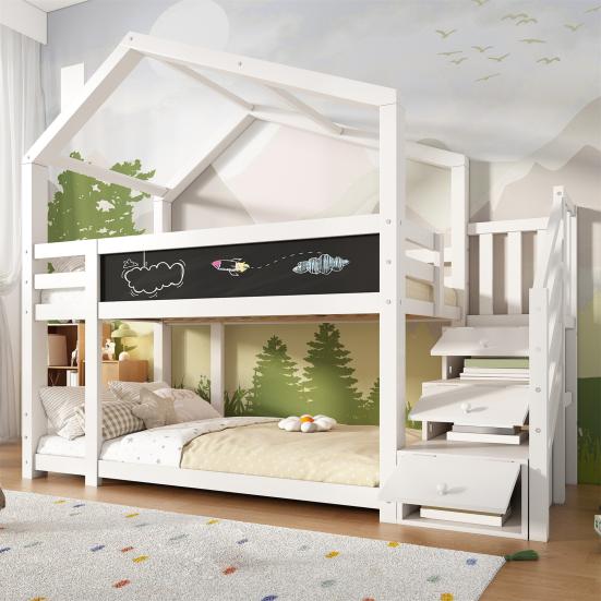 Children Bed Tree House with Storage Stairs, Loft Bed with Higher Safety Handrails, 90x200 Storage Bed Without Mattress, Kids Double-layer