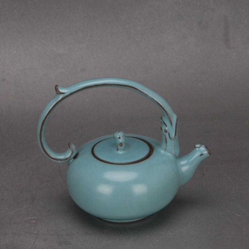 Ru Kiln Blue Glaze Dragon Handle Kettle: Song Dynasty-Style Porcelain Antique Ornament.