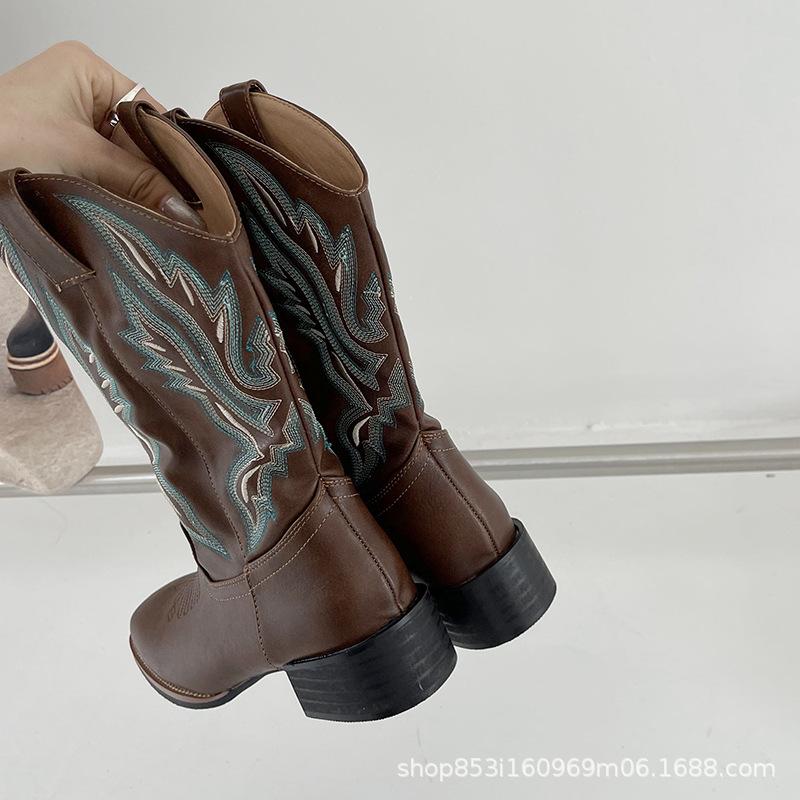 Винтажная вышивка V-образный вырез ботинки Мартина женские весенне-осенние коричневые на толстом каблуке этнический стиль рыцарские короткие ботинки западные ковбойские ботинки женские