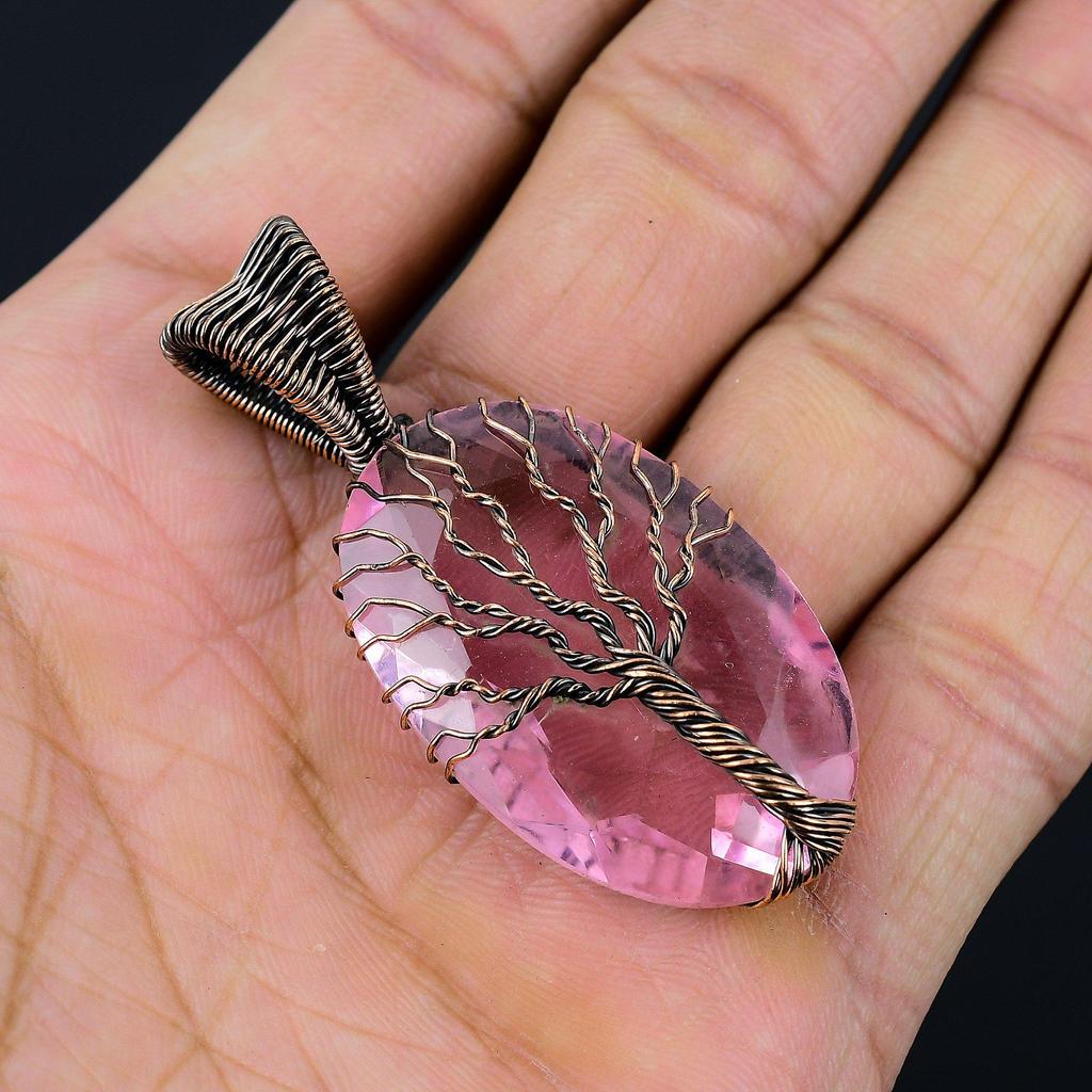 Древо Жизни Розовый Кунзит Драгоценный Камень Медная Проволока Обернуть Ювелирные Изделия Кулон Ручной Работы Для Женщин