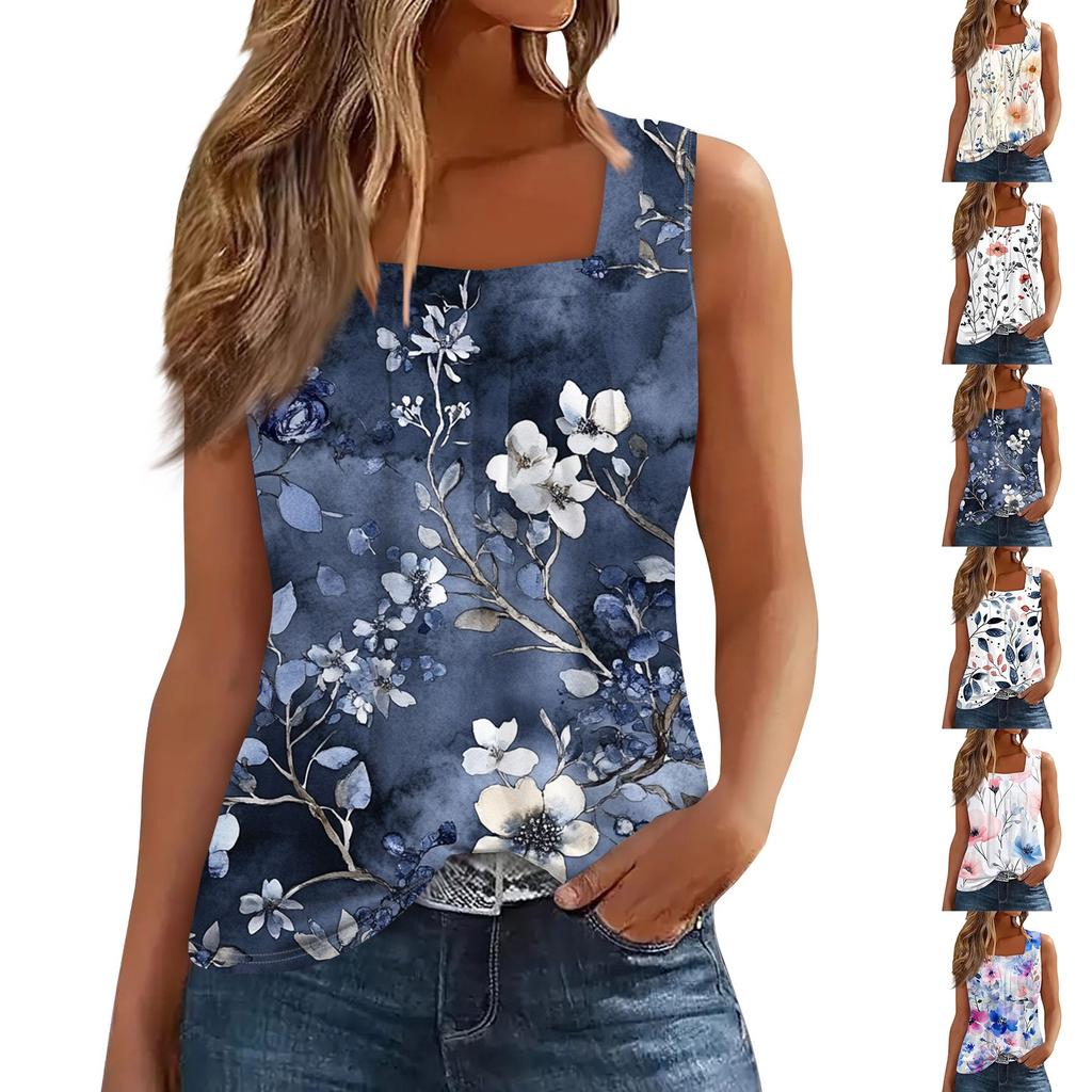 Женская плиссированная футболка без рукавов с квадратным воротником и принтом