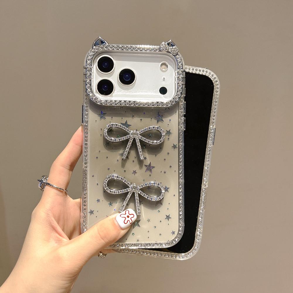 KEYSION Милый 3D Чехол для телефона с кошачьими ушками, прозрачный, для iPhone 12 13 Pro Max 11, с блестками, украшенный драгоценными камнями, с бантиком, противоударная задняя крышка