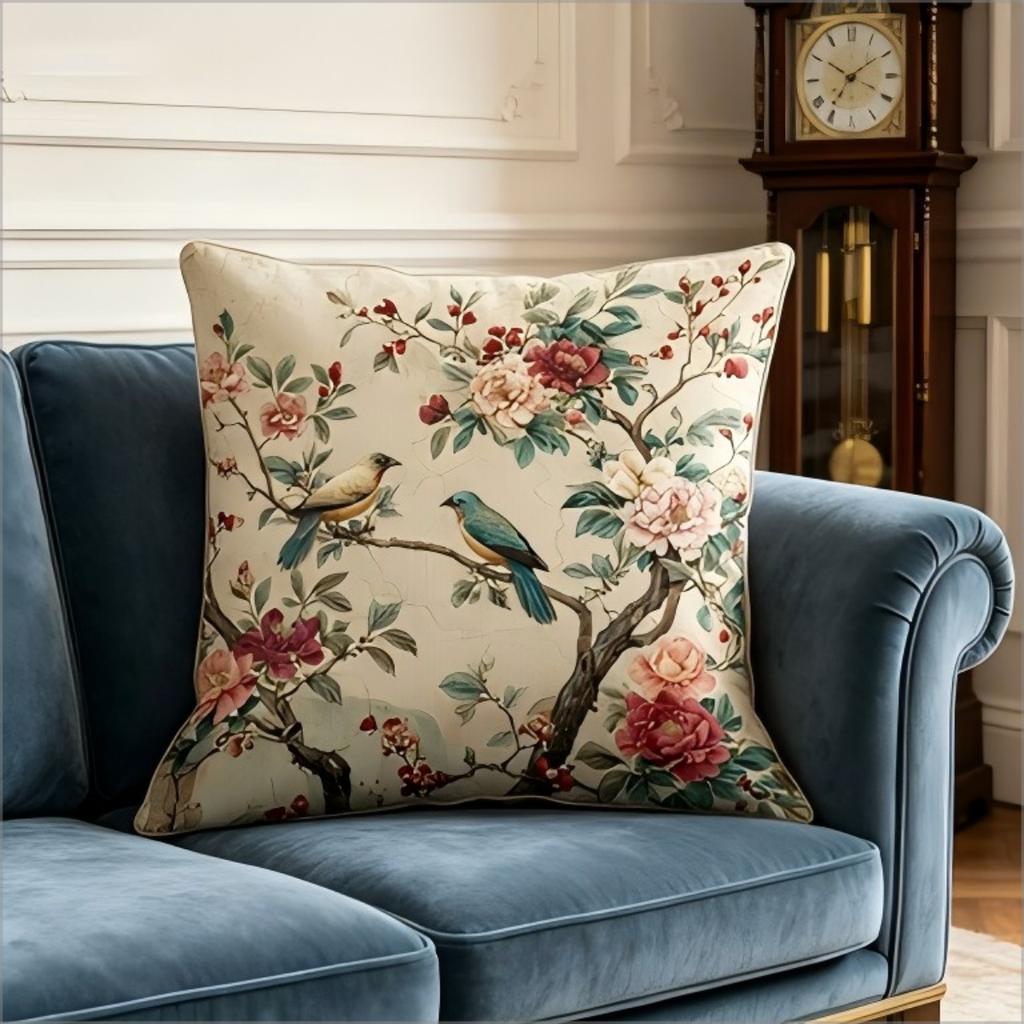 Vintage Chinoiserie Bird And Flower Throw Pillow Cover, Retro Botanical Floral Print Decorative Cushion For Bedroom Sofa Couch