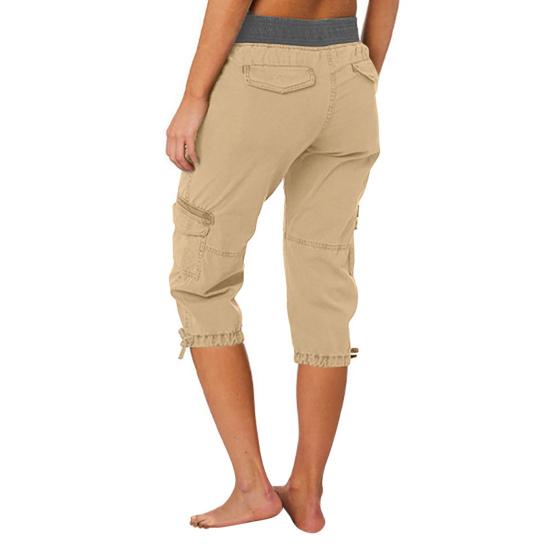 Women Cropped Drawstring Waist Wide Elastic Waistband Pure Multi Pockets Retractable Foot Leg Daily Wear School