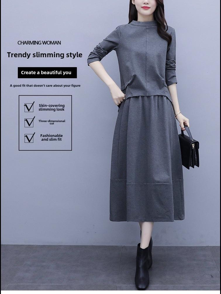 Женское платье-двойка больших размеров с длинными рукавами - коллекция осень/зима 2020, стильная повседневная мода для полных людей с небольшим весом.