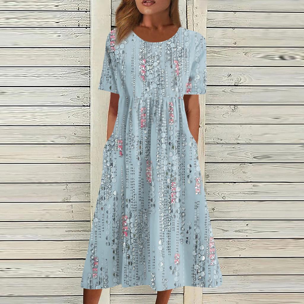 Women's Casual Dresses Printed Dresses Summer Dresses Printed Pleated Round Neck Midi Dresses Basic Classic Outdoor Daily Short Sleeve Loose Dresses