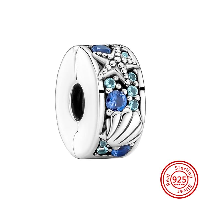 Новинка S925, серебристо-синяя подвеска, висячие морские животные, морская звезда, русалка, рыбья ракушка, подходит для оригинального браслета, бусины, подарок, ювелирные изделия своими руками