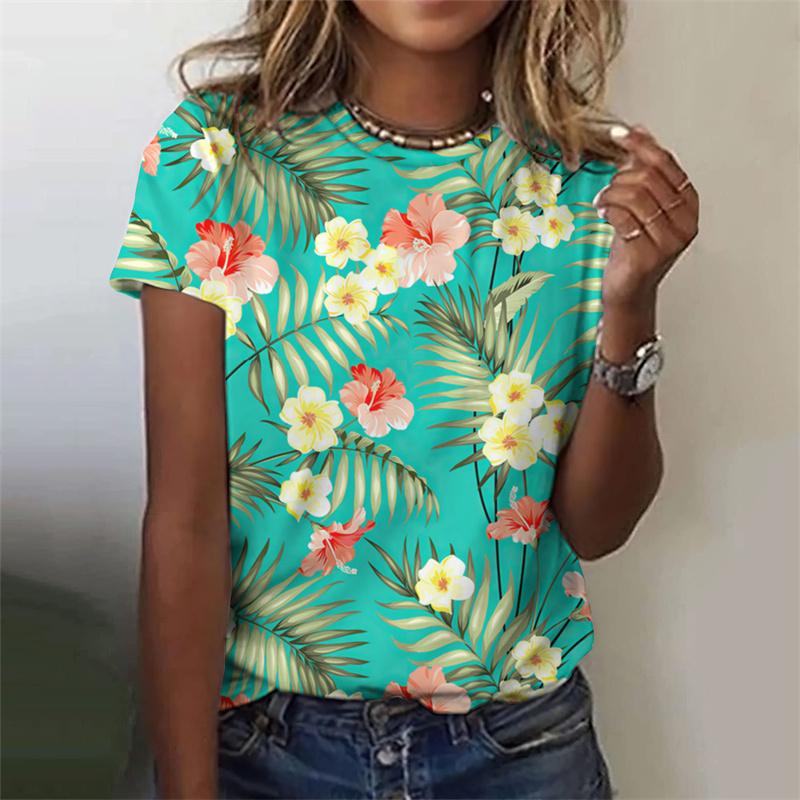 3D Printed Colorful Floral T Shirt For Women Plant Graphic T-Shirts Summer Harajuku Loose Tees Round Neck Tops Short Sleeves