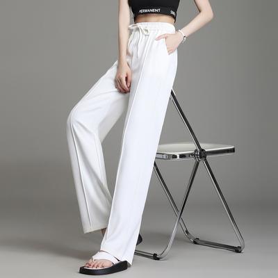 Костюмные брюки с высокой талией. Женские летние прямые повседневные брюки. Свободные тонкие белые брюки с широкими штанинами. Тонкая часть брюк из ледяного шелка большого размера.