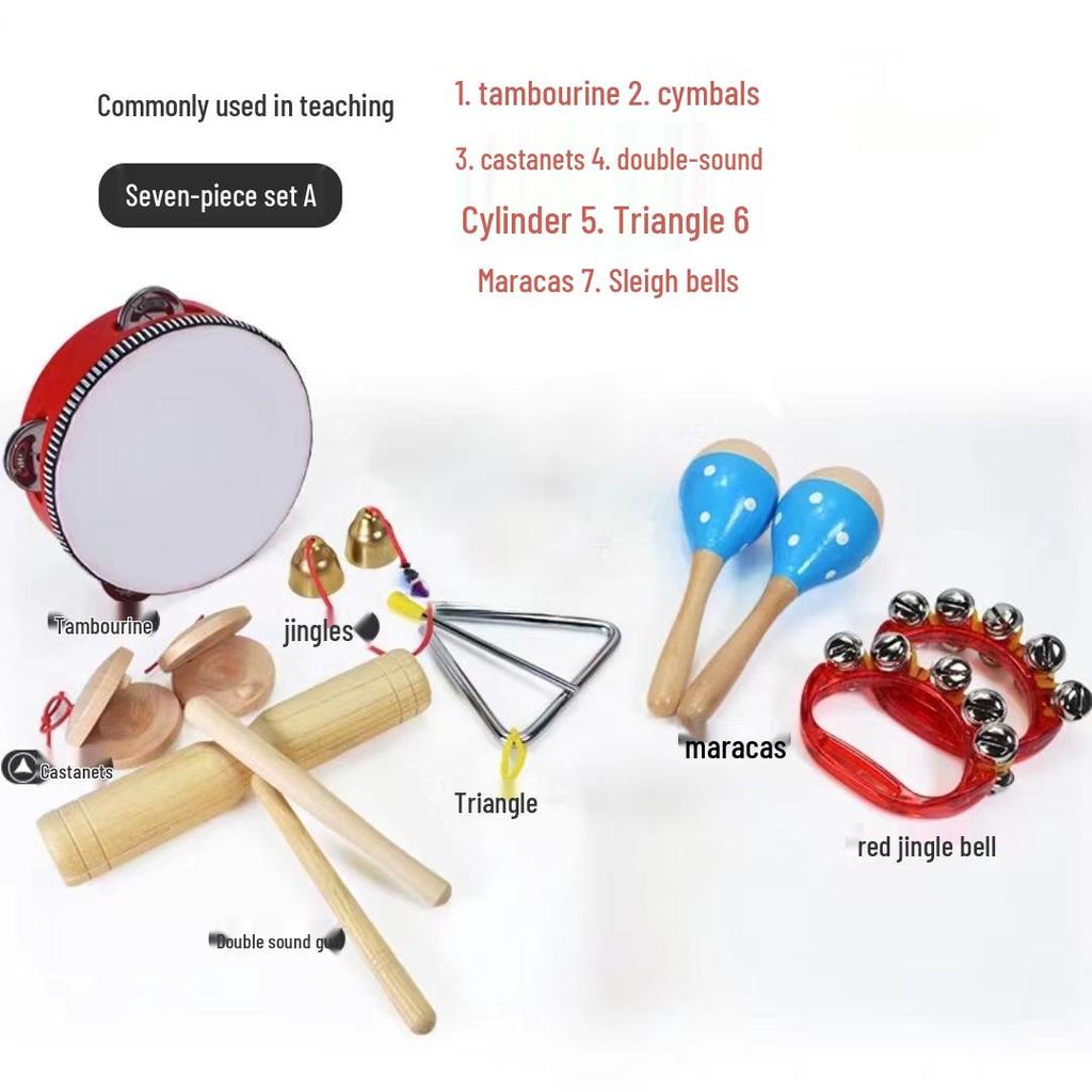 Детские музыкальные инструменты Орфа: Треугольник, Кастаньеты, Маракасы, Бубен, Деревянные бруски, Тарелки