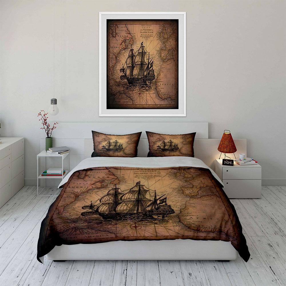 Vintage Ship & Map Design Bedding Duvet Cover Set Duvet Cover Pillowcases (1*Duvet Cover 2*Pillowcases, without duvet insert)
