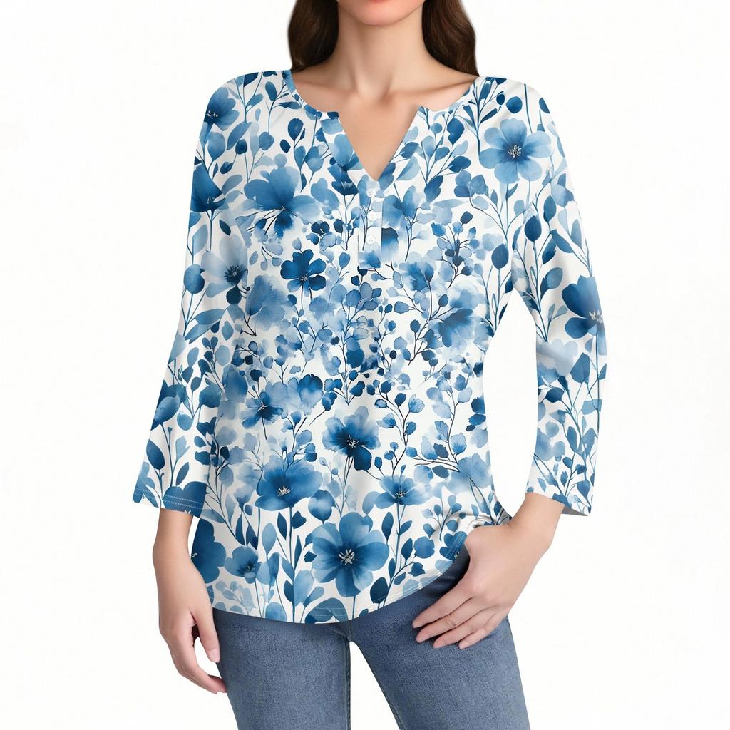 Women's T Shirt Print Button 3/4 Sleeve Daily Weekend Fashion Basic V- Neck Regular Top