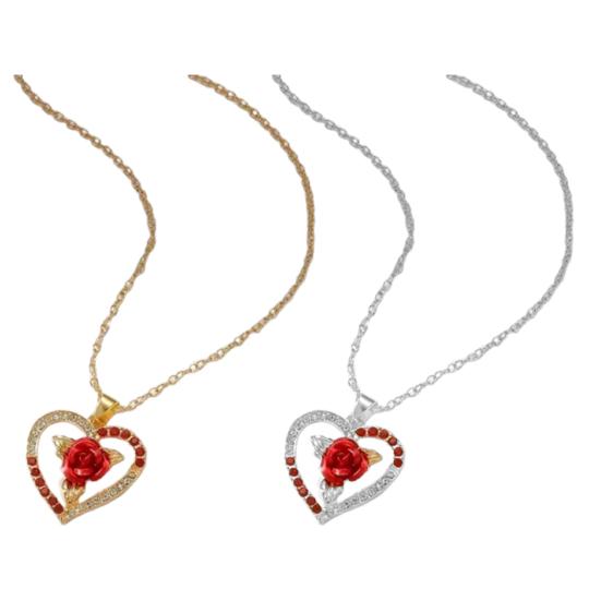Women Necklace Rhinestone Heart Red Rose Pendant Contrast Color Polished Alloy Symbol of Passionate Love Neck