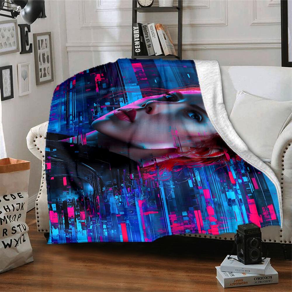 1Pc Cyberpunk Neon Portrait Flannel Blanket, Soft And Comfortable, Casual Warm, Camping Travel, Christmas, Halloween Xmas Gift S1526