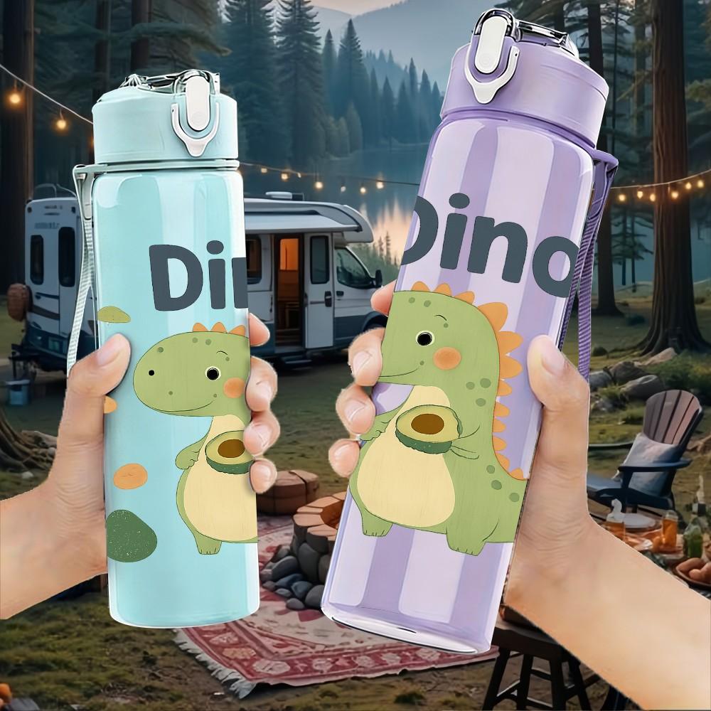 1PC Cute Green Dino Cartoon 750ml Color Plastic Sports Water Bottle Leakproof Flip Straw Lid Suitable for Sports Office Home Use