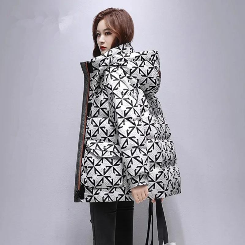 Mid Length Down Cotton Jacket for Women's Winter New Fashionable Standing Collar Hooded Winter Clothing