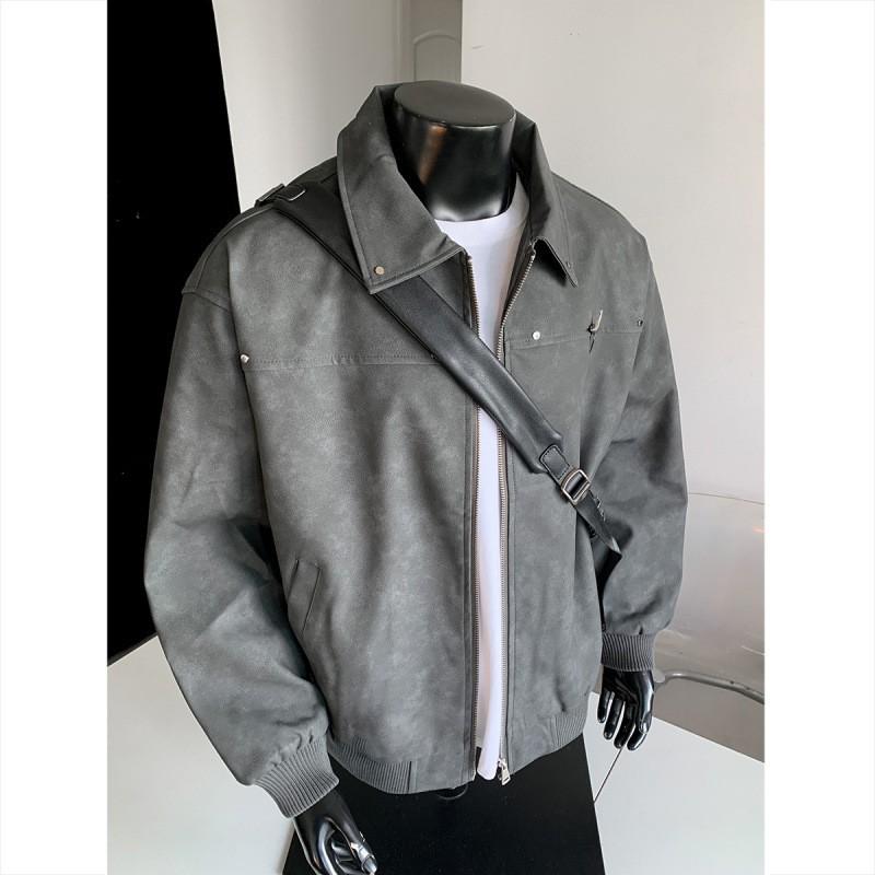 Mens Vintage Washed PU Leather Jacket With Metal Pin Detail Loose Fit Long Coat