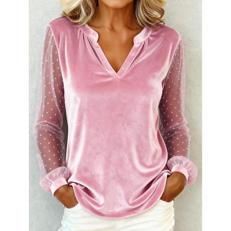 Элегантная блузка с V-образным вырезом, сетчатой и кружевной вставкой, женская, с длинным рукавом, бархатная, с принтом в виде точек, свободная, весенне-осенняя, офисные топы, повседневные, простые футболки, одежда