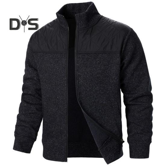 Осень-зима мужская куртка трикотажная пэчворк застежка-молния воротник стойка кардиган длинные рукава средней длины приталенный крой термопальто