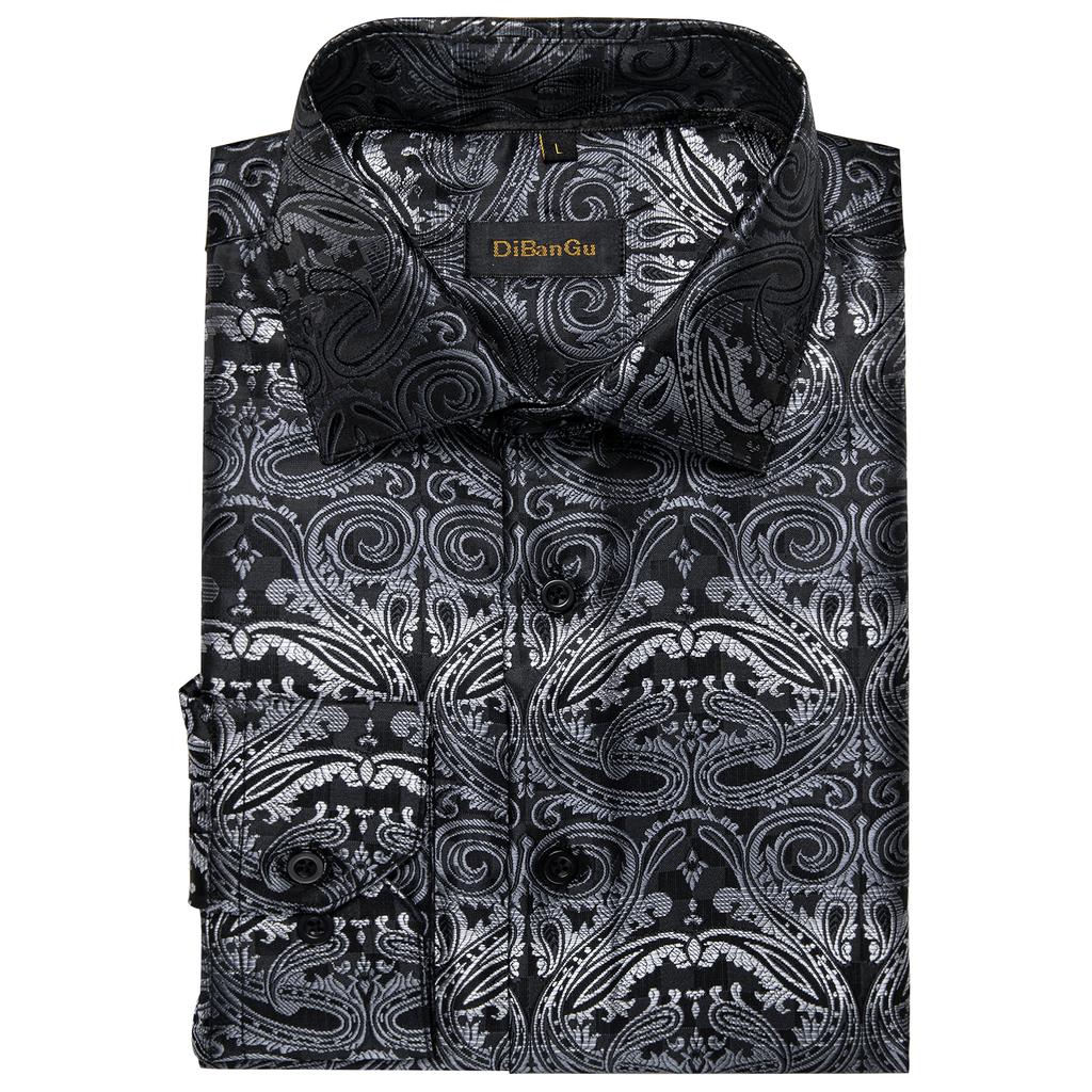 Men's Silk Shirt Button Down Dress Shirts Paisley Long Sleeve Shirts Formal Work Casual