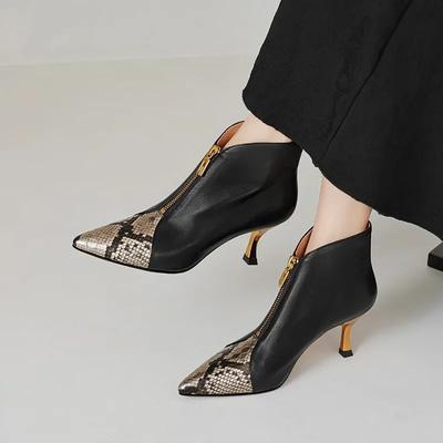 Модная женская обувь 2024 года, горячая распродажа, женские сапоги на молнии, осенние, с острым носком, разноцветные, со змеиным узором, на высоком каблуке, модные универсальные сапоги
