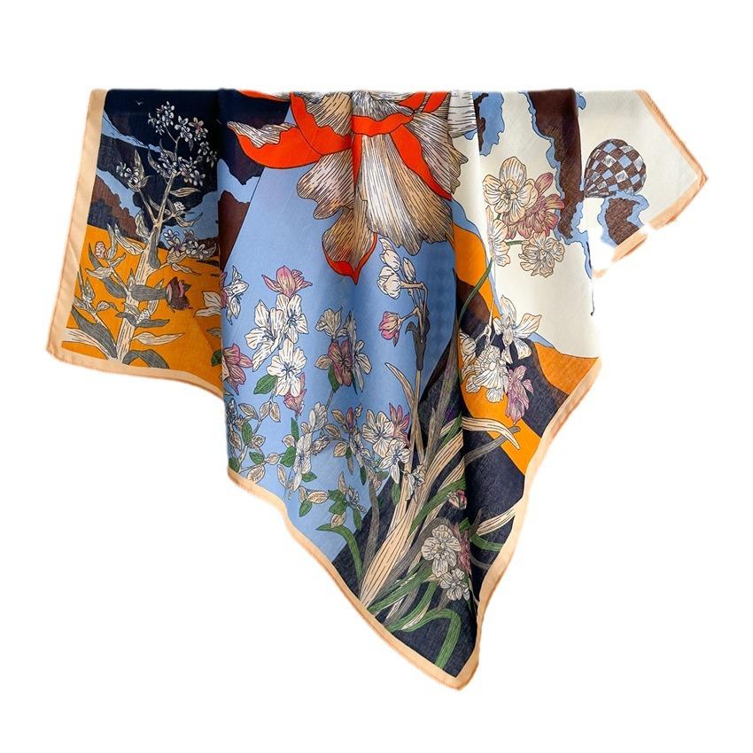 Neck Garden Pastoral Scarf French 65 × 65cm Thin Plant Flower Cotton And Linen Scarf Velvet Scarf Women