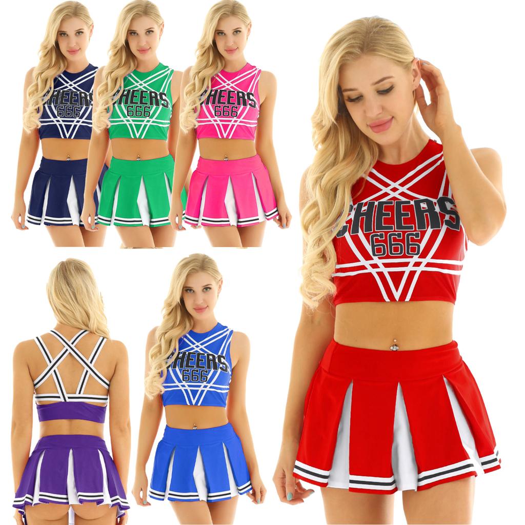 Women Japanese Schoolgirl Cosplay Uniform Girl Sexy Lingerie Sleeveless Crop Top with Mini Pleated Skirt Cheerleader Costume Set