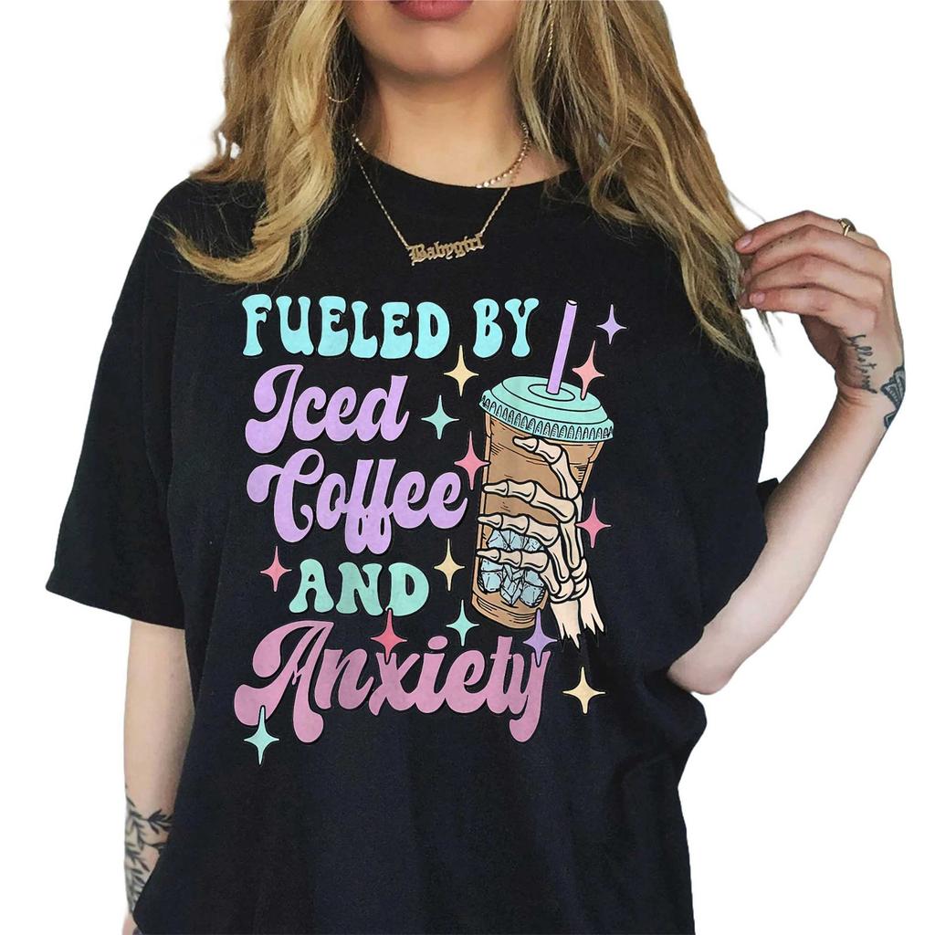 Iced Coffee and Anxiety Graphic T-Shirt, Funny Caffeine Lover Unisex Tee