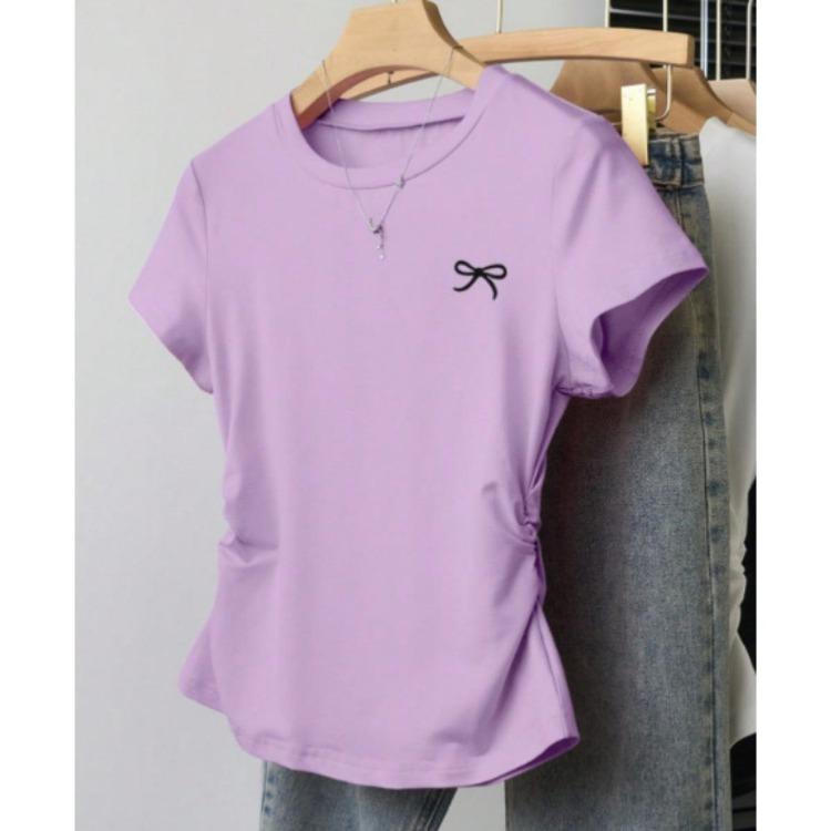 Korean Version Summer T-shirt Slim Fit Plus Size Waist Cinching Top New Shoulder Short Sleeved Slimming Effect Versatile Chubby