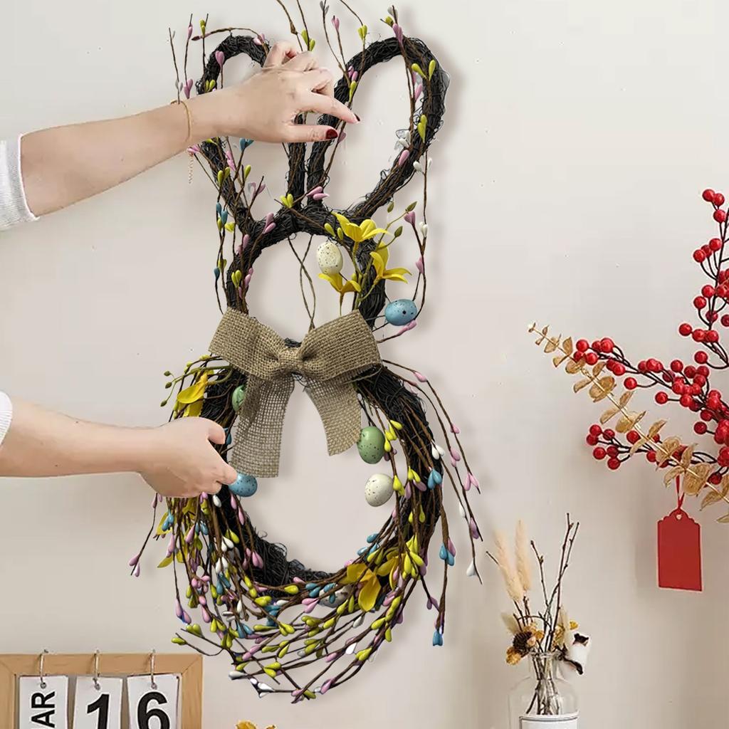 Искусственный пасхальный венок для входной двери, венок в виде кролика с бантом, яйцами и цветами для настенного оконного пасхального украшения