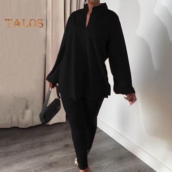 2 шт./компл., женский топ, брюки, комплект с воротником-стойкой и длинным рукавом, свободная блузка с разрезом по краю, эластичная талия, облегающие брюки, повседневная одежда, летняя одежда