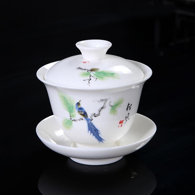 Jiang Taihui white porcelain underglaze color lotus cover bowl modern simple tea bowl semi-handmade ceramic tea set