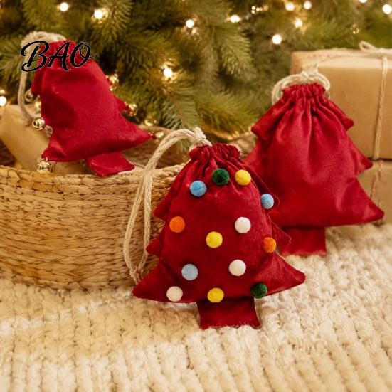 Fabric Storage Bags for Gifts Christmas Tree Shaped Gift Bag, Reusable Drawstring Treat Goody with Pompoms Durable Polyester Sacks Bells, Winter