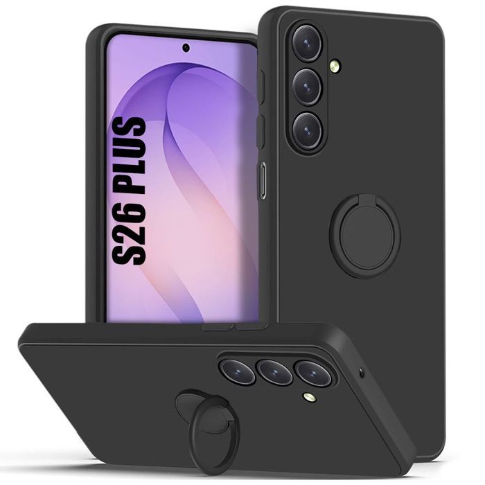 Coque pour Samsung Galaxy S26 Plus, Protection Silicone Noir Anti-Rayures avec Anneau Rotatif