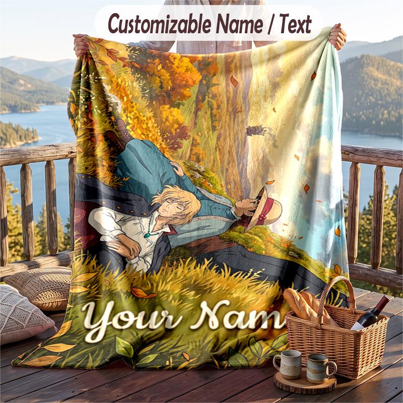 Custom Text Flannel Throw Blanket, Lightweight Cozy Bed Sofa BlanketHowl's Moving Castle