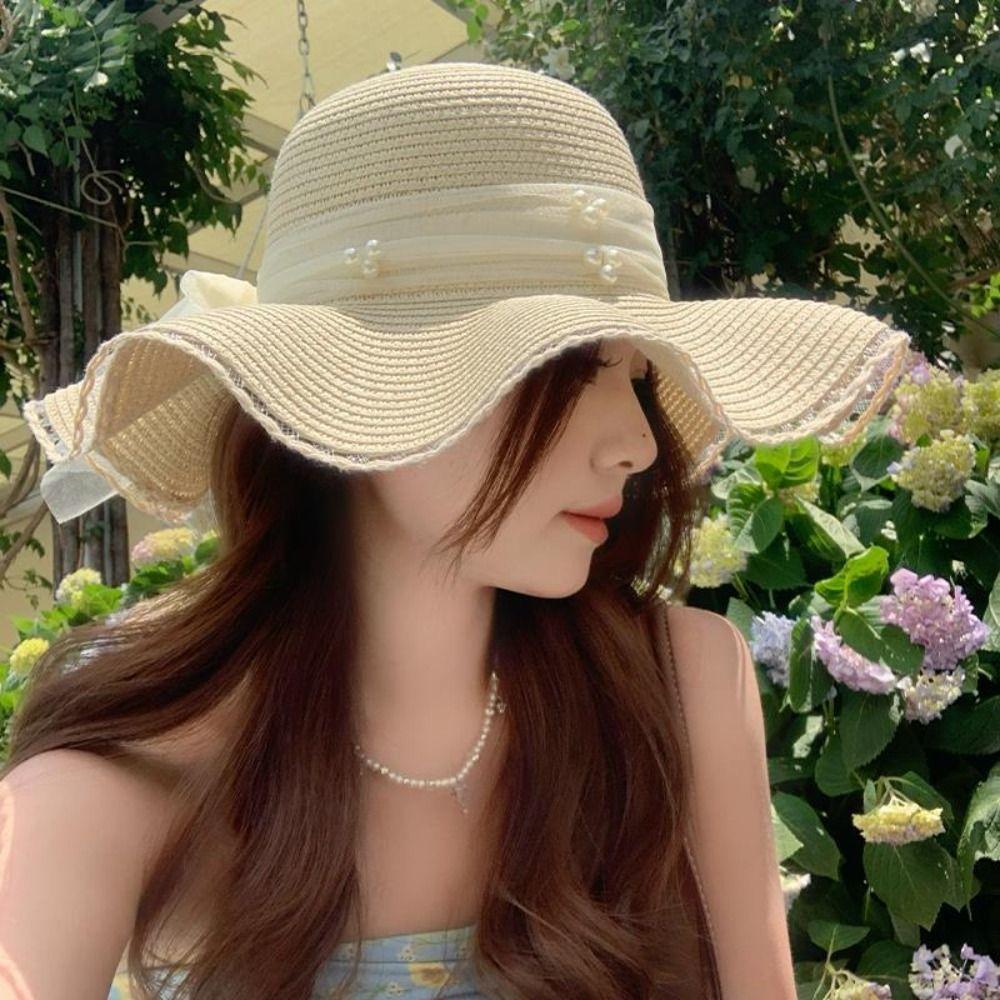 Весна-лето кружевная соломенная шляпа с жемчугом, большие поля, женская соломенная шляпа с бантом и лентой для девочек