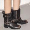 European Station Hand-polished Old Retro Short Boots Women's 2025 Big Tube Circumference Spice Girl Wind Belt Buckle Knight Boots Tide