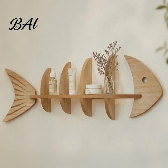 Japanese Minimalist Display Rack Fish Bone Storage Rack, Wood Wall Mounted Floating Shelf, Ocean Style Entryway Decorative Art for Bedroom Bathroom