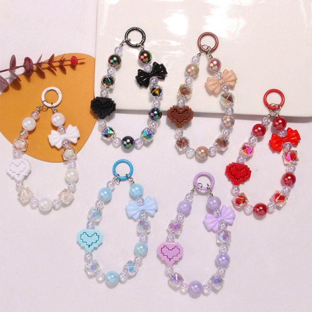 Anti-lost Beaded Wrist Strap Acrylic Bowknot Phone Pendant Fashion Keychain Bag Chain  Women