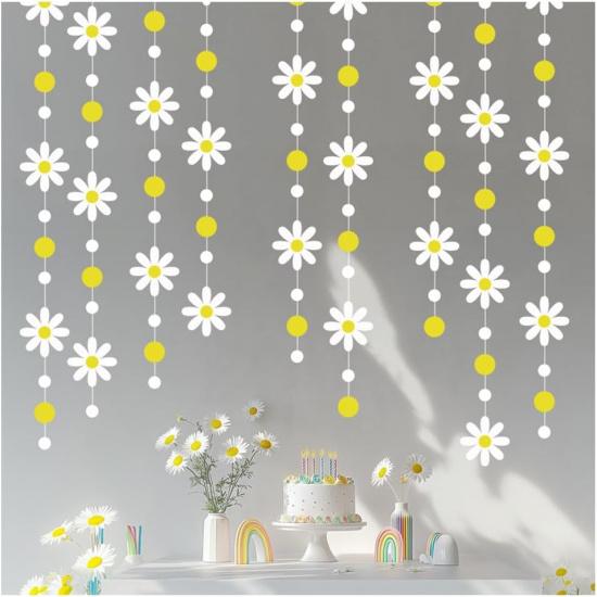 52.5 Ft Yellow White Polka Dot Daisy Hanging Garland Banner Groovy Boho Daisy Paper Garlands for Birthday Baby Shower Wedding Bridal Shower