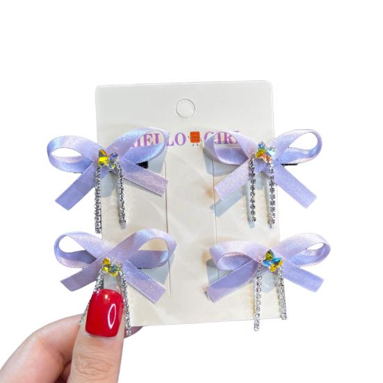 2Pcs Hairpin Soft Ribbon Bowknot Decor Smooth Edges No Hair Pulling Rhinestone Bow Chain Tassels Hair Clip Kids Hair Accessories