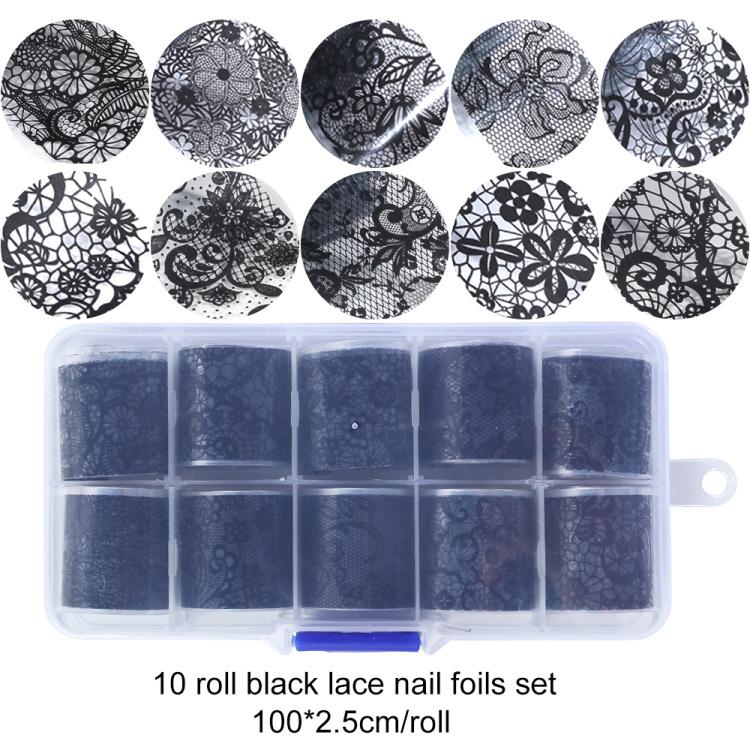 Xiaomi 10 Roll/ Box Nail Art Elegant Transfer Foil Sticker Set Black White Lace Flower Adhesive Starry Paper Manicure Gel Wraps Decals