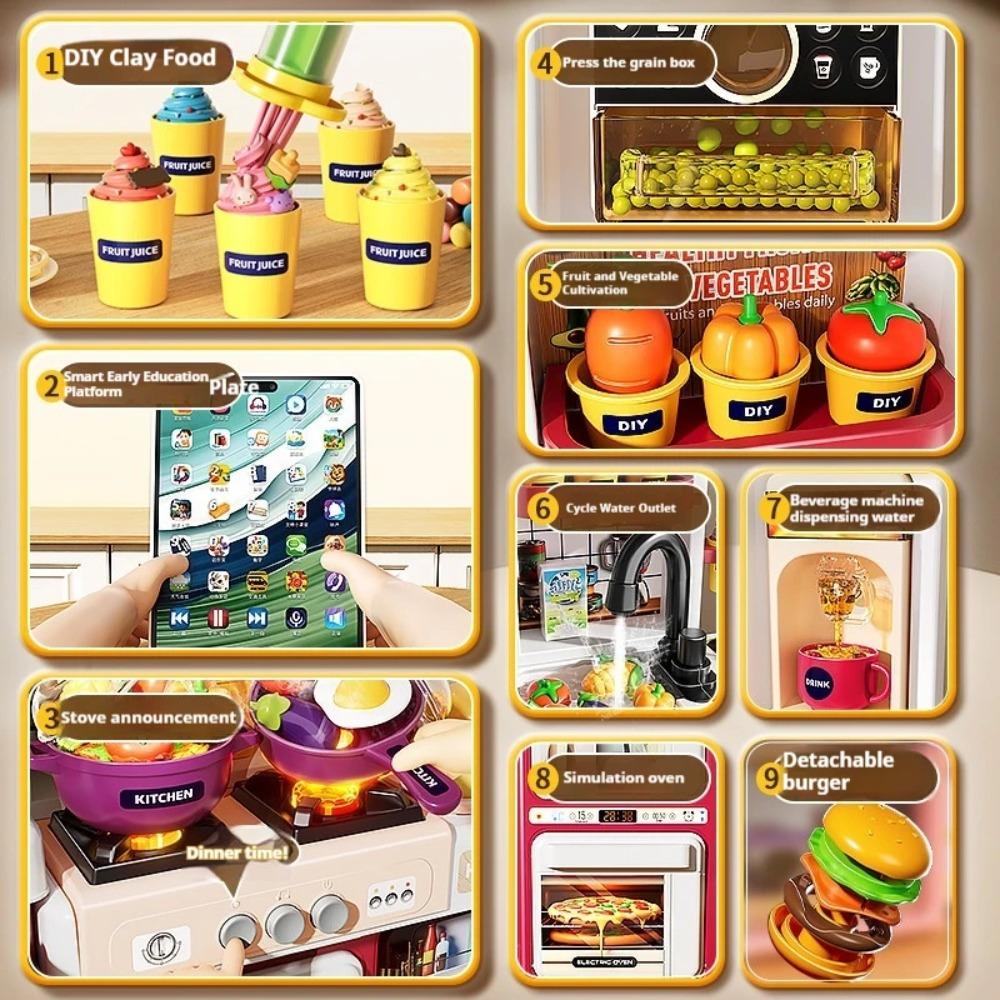 Новый набор игрушечной кухни для ролевых игр с имитацией холодильника, плитой с распылением, раковиной, гамбургером, десертом и аксессуарами для готовки