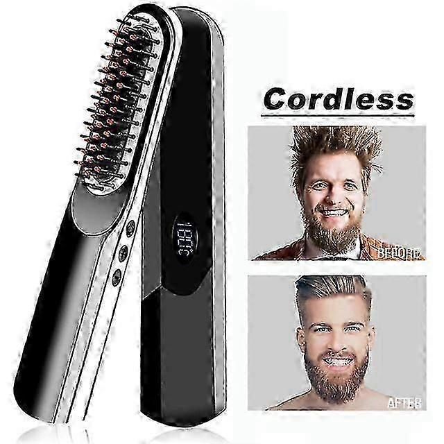 Wireless Tourmaline Ceramic Beard & Hair Straightener Brush, USB Rechargeable, L