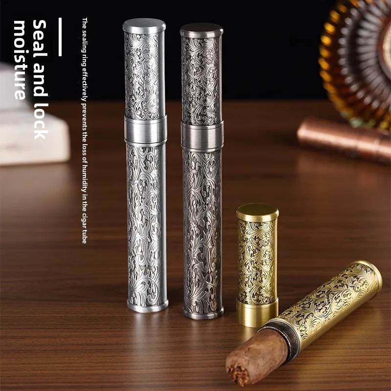 Portable Metal Cigar Case Single Tube Humidor with Moisturizing Seal Cover Waterproof Travel Outdoor Cigar Accessories for Men