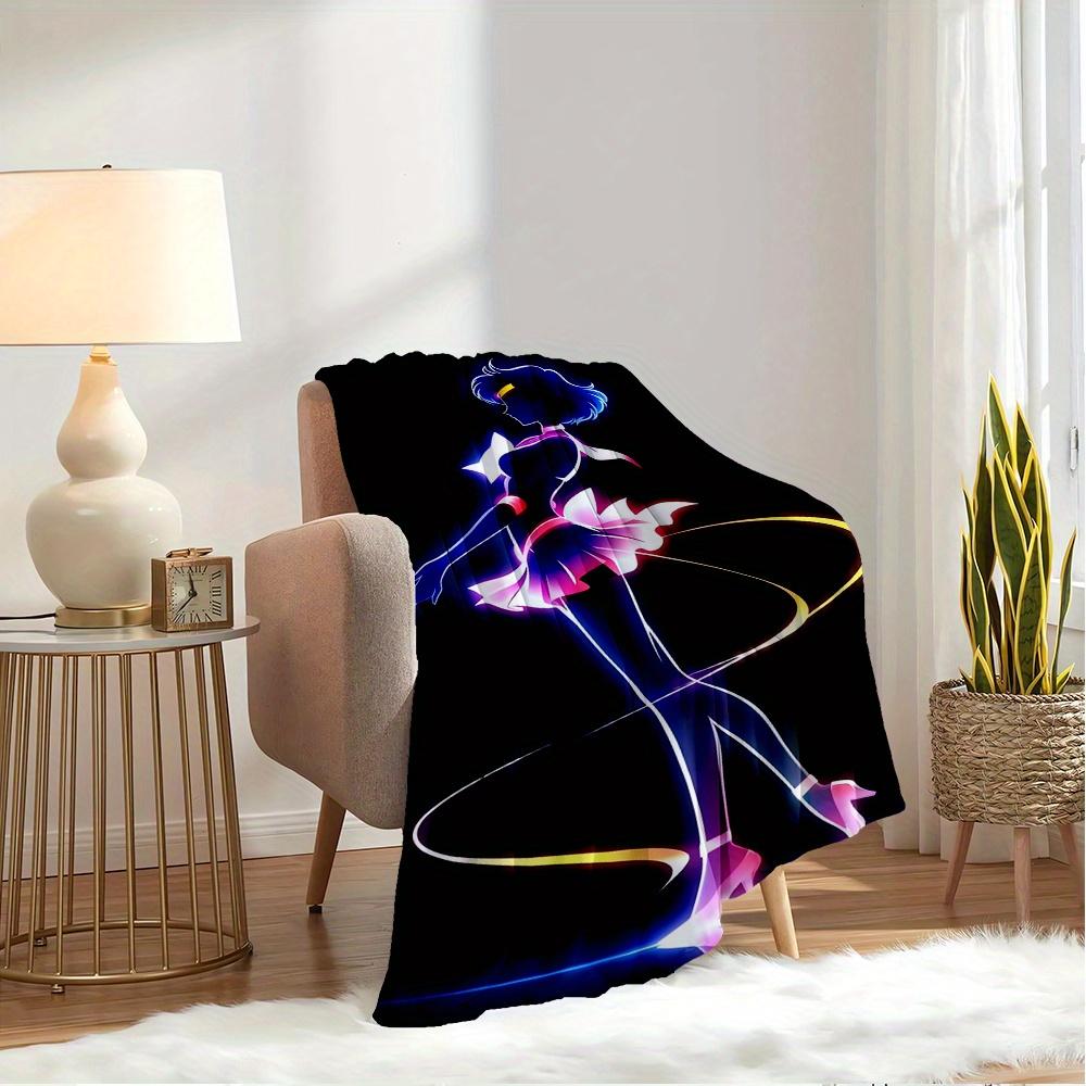 For Sailor Moon,Anime,Silhouette-Themed Flannel Blanket, Glam Style, Digital Print, All-Season Comfort, Tear-Resistant, Knitted Craftsmanshi