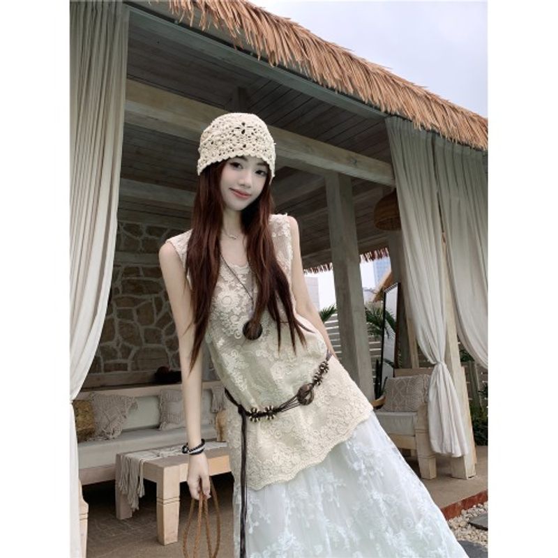 Kumikumi Retro Set Heavy Industry Crochet Vest Tops Women Autumn Lace Skirt A- Line Skirt Two-piece Set