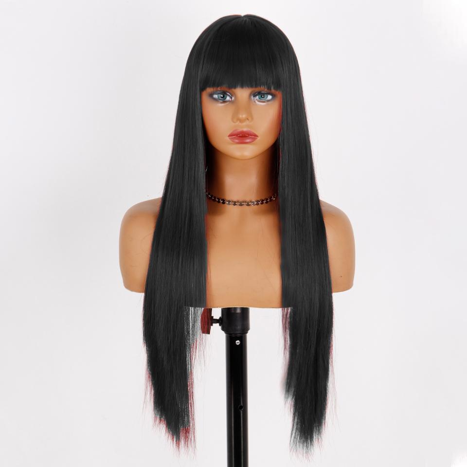 MISS WIG Women Fashion Long Straight Light Blonde Color Wig with Blunt Bangs Synthetic Fiber Daily Wear Long Straight Wig