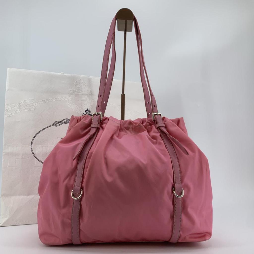 PRADA Pocono Tessuto Nylon Ribbon Hand Tote Bag One Shoulder Strap Leather Pink Silver Hardware Triangle Logo Plate